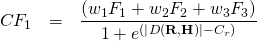 \begin{eqnarray*} CF_1 &=& \frac{\left({w_{1}F_1 + w_{2}F_2 + w_{3}F_3} \right)}{1 + e^{(\left| {D(\textbf{R},\textbf{H})} \right| - C_r)}} \end{eqnarray*}