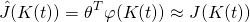 \begin{equation*} \hat J(K(t)) = \theta ^T \varphi (K(t)) \approx J(K(t)) \end{equation*}