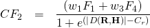 \begin{eqnarray*} CF_2 &=& \frac{\left({w_{1}F_1 + w_{3}F_4 } \right)}{1 + e^{(\left| {D(\textbf{R},\textbf{H})} \right| - C_r)}}  \end{eqnarray*}